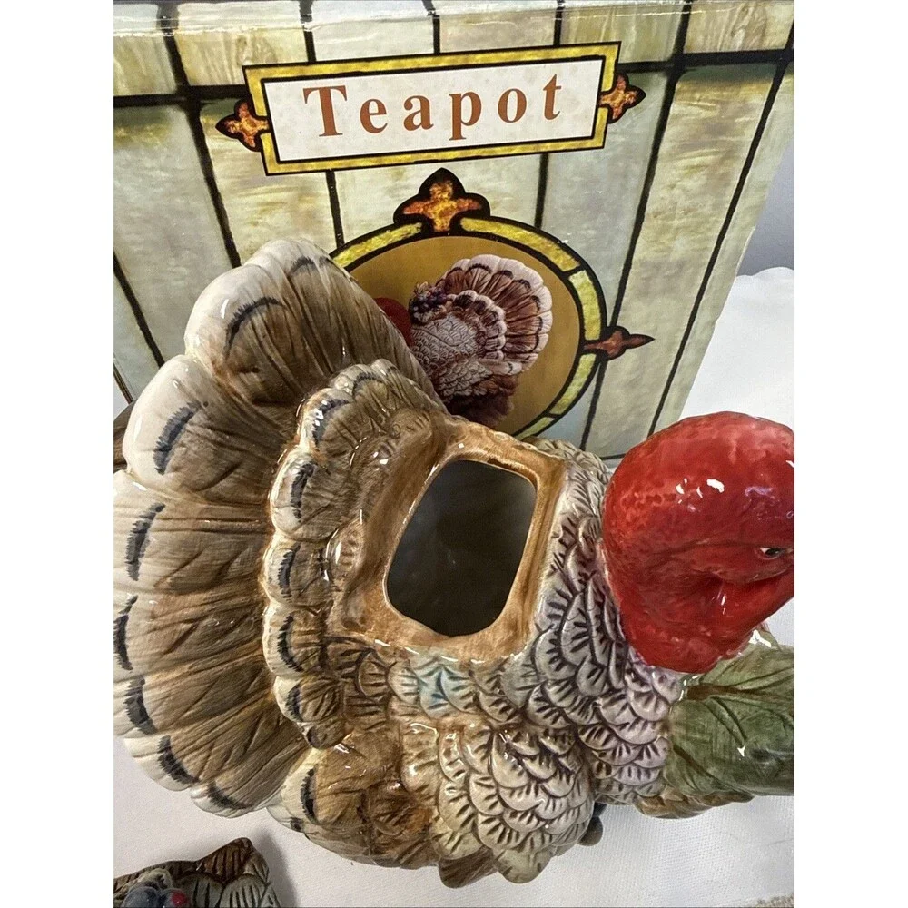 Vintage Ceramic Turkey Teapot Fall Foliage Thanksgiving  8” Pitcher Cottagecore